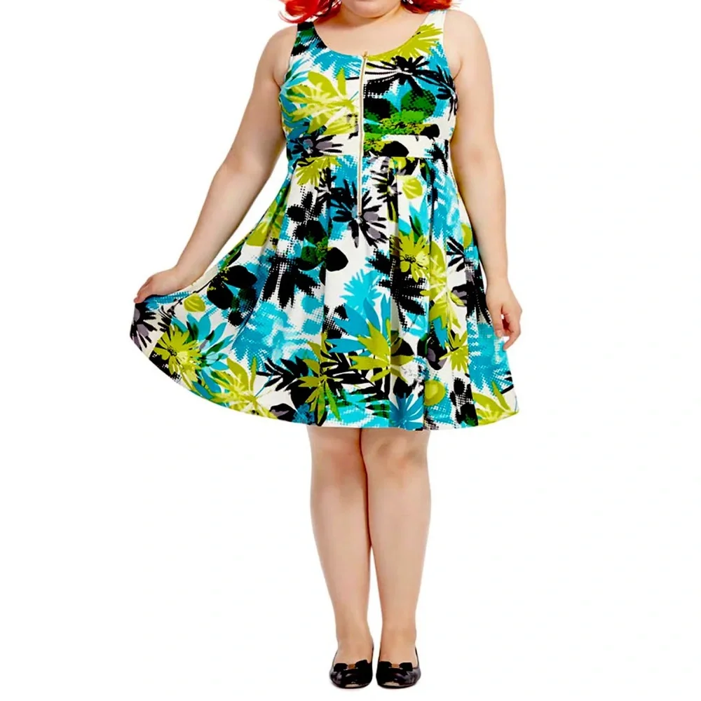 Tropical Palm Print Ponte Fit and Flare Midi Dress Sleeveless Women’s Plus 18W - Picture 1 of 6